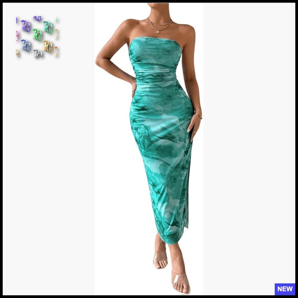 Floral Strapless Bodycon Maxi Dress Elegant Wedding Guest Vacation Summer